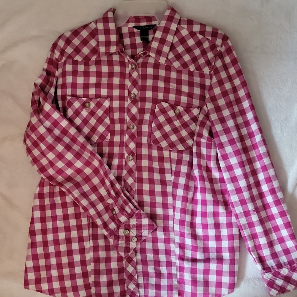 Bit & Bridle Women's L Pink/White Check Long Sleeve Collared Button-Up Pockets